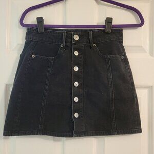 American Eagle Black Denim Hi Rise A Line Button Front Mini Skirt size 0